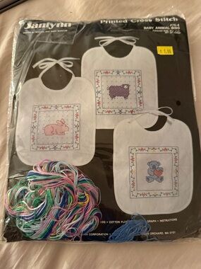 Baby Animal Cross Stitch Bib Kit - White with Pastel Accents